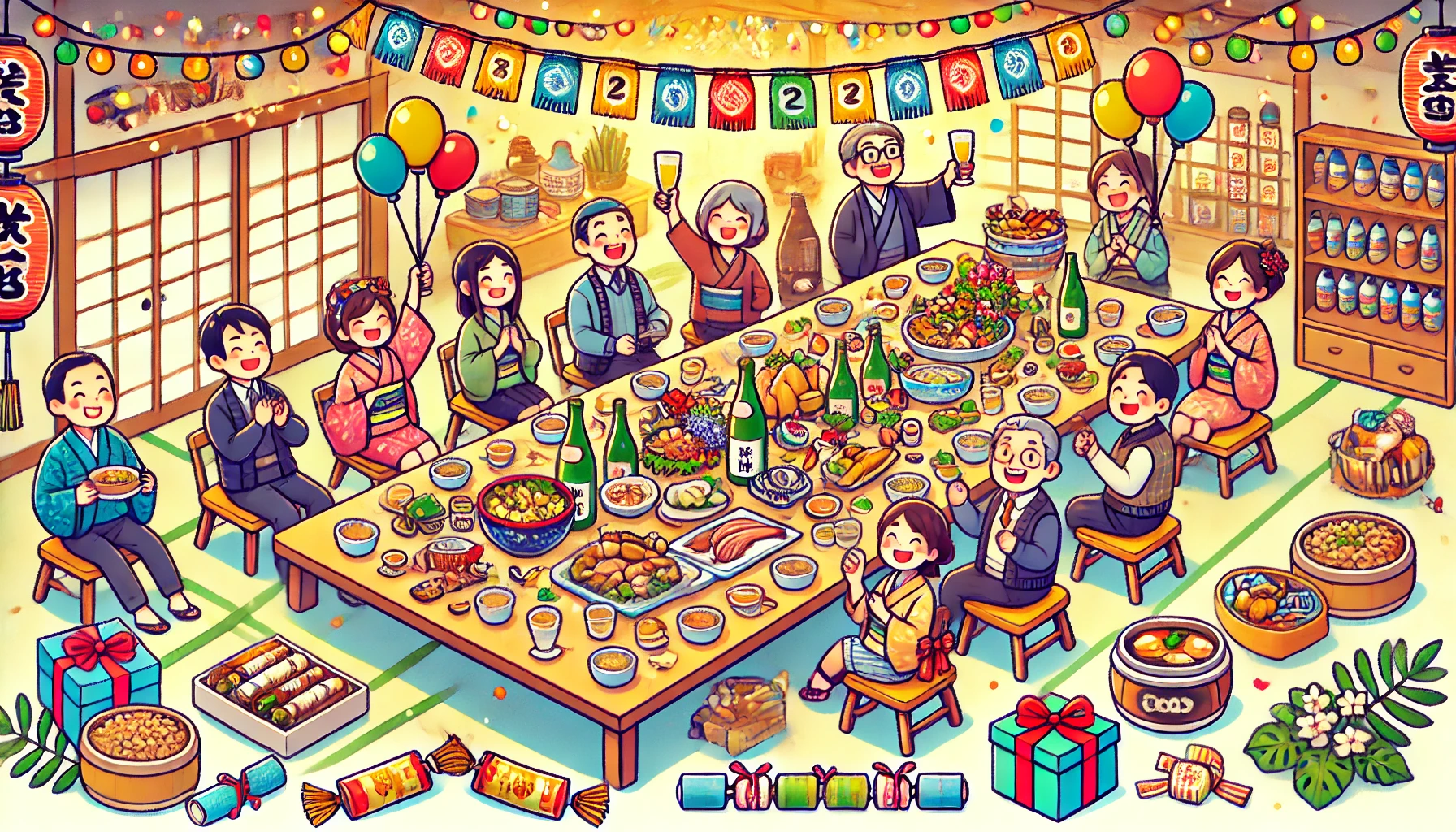 An illustration of a festive Japanese year-end party (忘年会) atmosphere, showing a group of cheerful people sitting around a long table filled with traditional Japanese food, sake, and colorful decorations. The setting includes a warm indoor environment with festive banners, gift boxes, and party crackers. The style is cartoonish and vibrant, evoking joy and celebration.