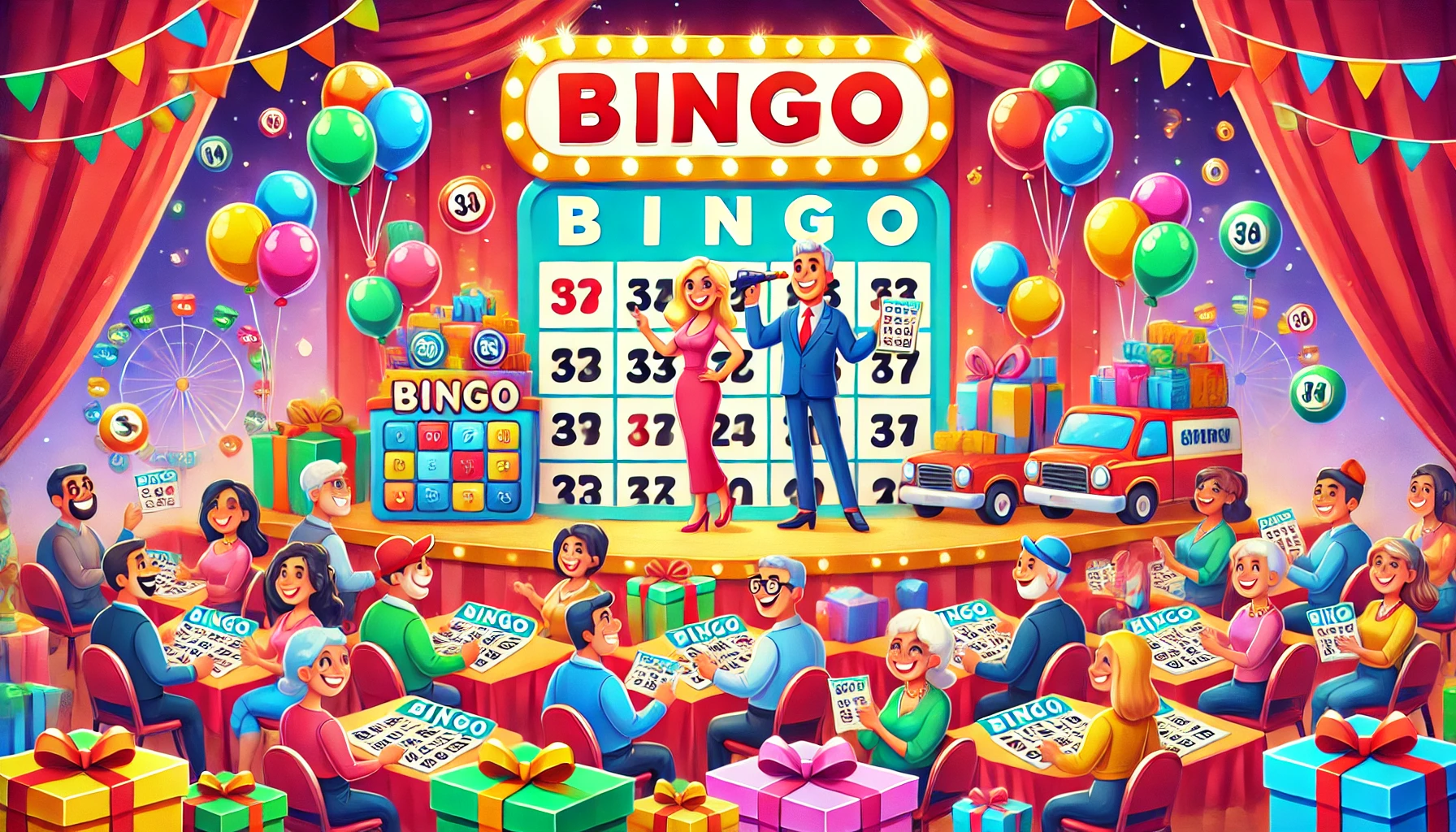 A vibrant bingo event illustrated in a cartoonish style. The scene includes cheerful participants holding bingo cards, a stage displaying colorful prizes like gift boxes, electronics, and travel vouchers. The atmosphere is festive with balloons, streamers, and a lively host calling out numbers. Bright, fun colors dominate the scene to make it inviting and celebratory.