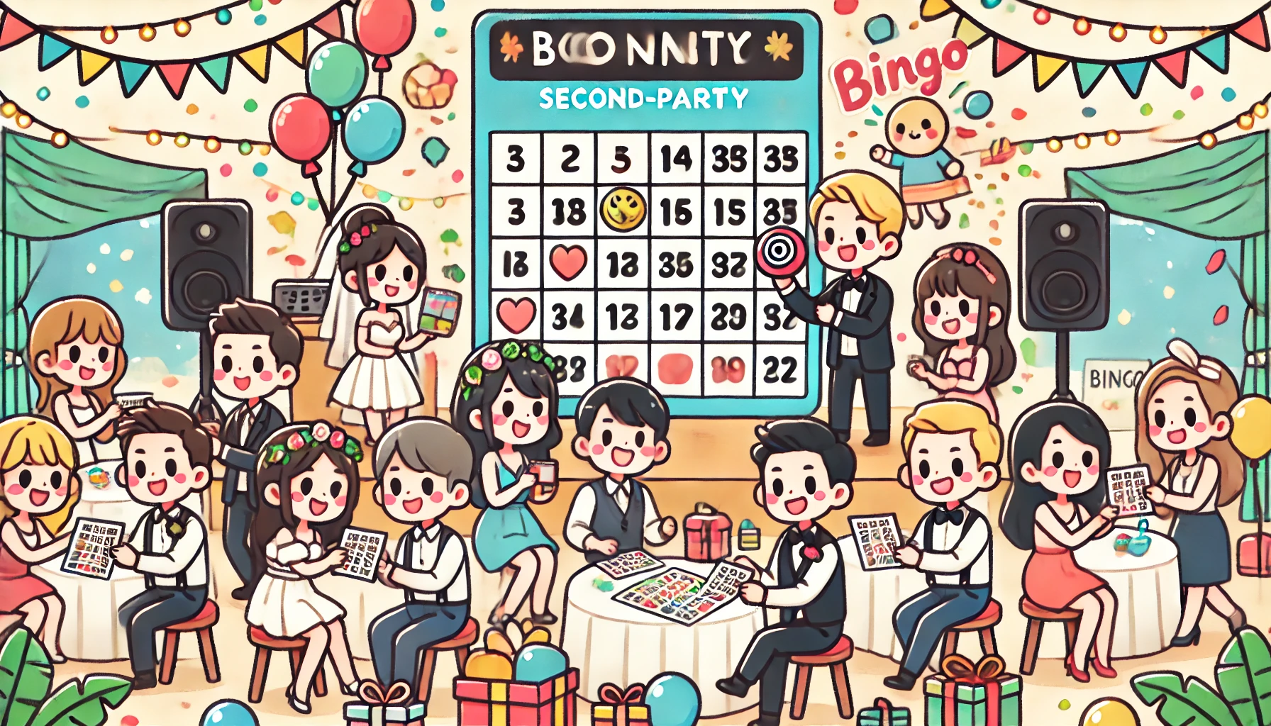 A lively wedding second-party event scene, featuring cheerful participants playing games and winning prizes. The style is simple, cartoony, and vibrant, similar to Japanese kawaii illustrations. The scene includes festive decorations such as colorful balloons, gift boxes, and a large bingo card in the background. The overall mood is joyful and celebratory, with a mix of men and women dressed in casual party attire.