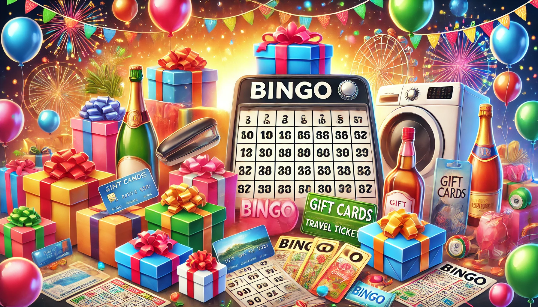 A festive illustration of bingo prizes arranged on a brightly lit table, featuring small appliances, gift cards, travel tickets, and luxuriously wrapped gifts. The background includes party decorations such as colorful streamers and balloons, enhancing the celebratory atmosphere. The prizes look appealing and eye-catching, ideal for a party setting.