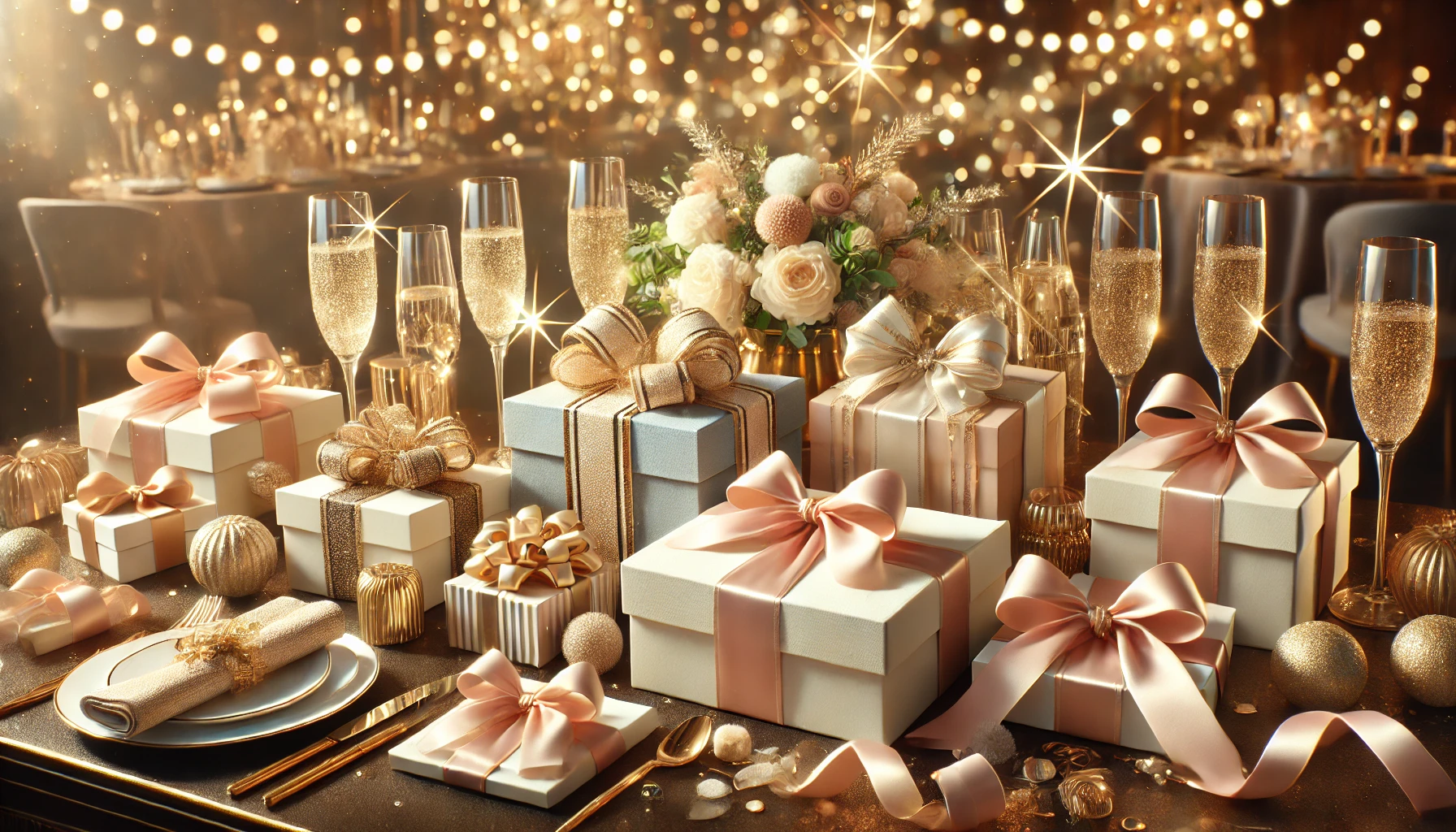 An elegant and festive scene showcasing gift boxes with stylish wrapping, ribbons, and a lively party atmosphere in the background. The setting features warm lighting, sparkles, and a sophisticated color palette of gold, white, and soft pastels, emphasizing a luxurious celebration for a special event like a party or reception. Ideal for a blog header image about selecting chic and trendy prizes for a party.