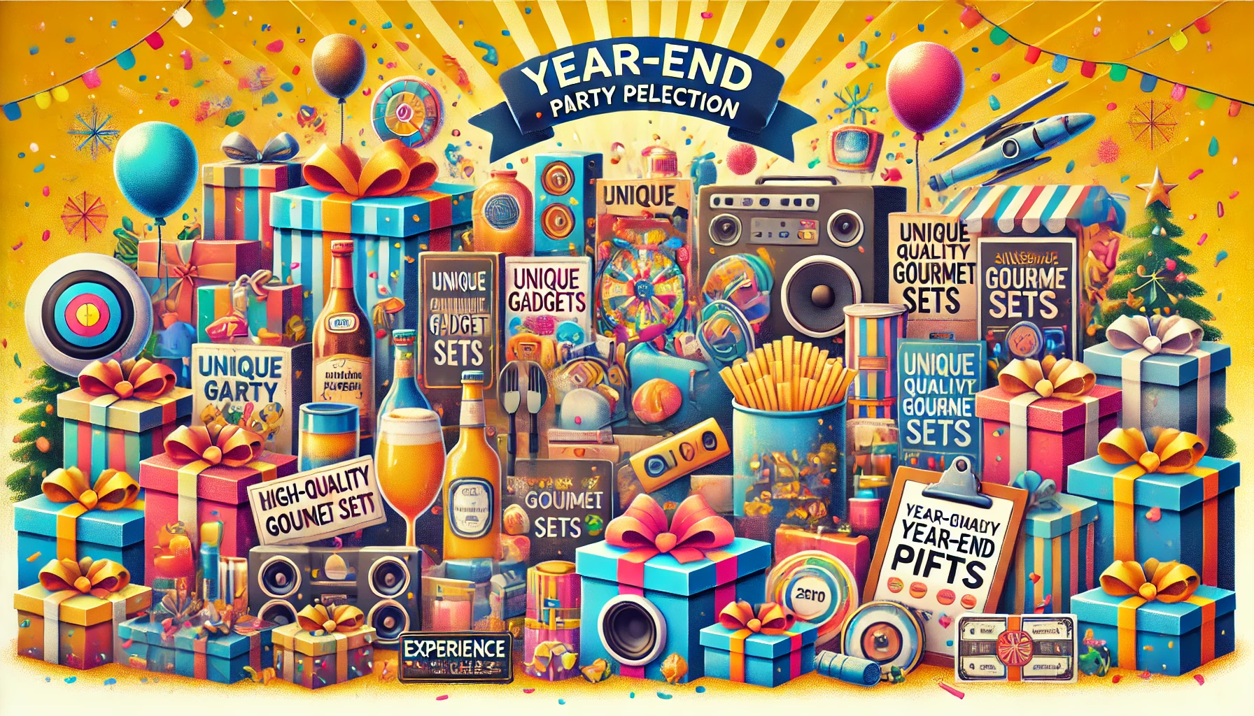 A festive illustration capturing the excitement of year-end party prize selection. The scene features an assortment of colorful prize items including gift boxes, unique gadgets, high-quality gourmet sets, and experience vouchers, all displayed against a bright, cheerful background with confetti. The atmosphere is lively and inviting, perfect for a blog on choosing memorable year-end gifts.