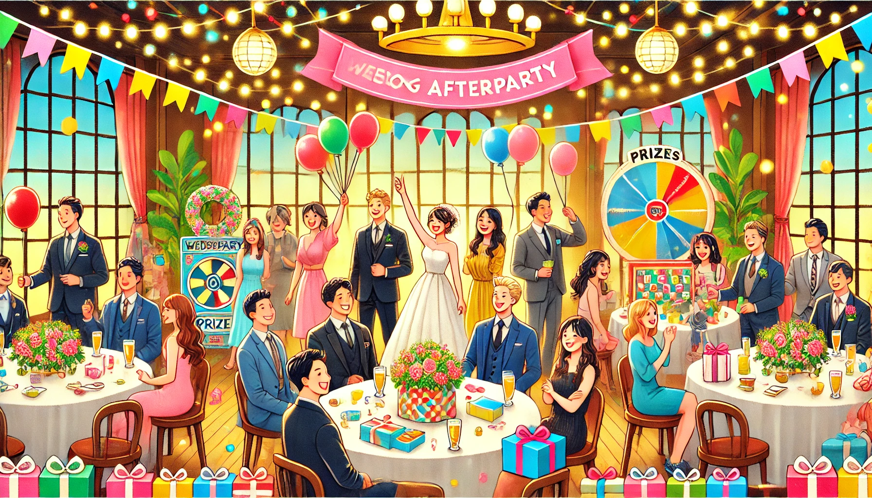 A cheerful and vibrant illustration capturing a lively wedding afterparty with guests socializing, playing games, and winning prizes in a festive and warmly lit venue. The setting includes decorations, joyful expressions, and a celebratory atmosphere that reflects the excitement of a memorable wedding reception. Balloons, confetti, and colorful prize gift boxes are featured around, with attendees smiling and interacting. Japanese illustrative style, colorful and inviting. Size: 1792x1024.