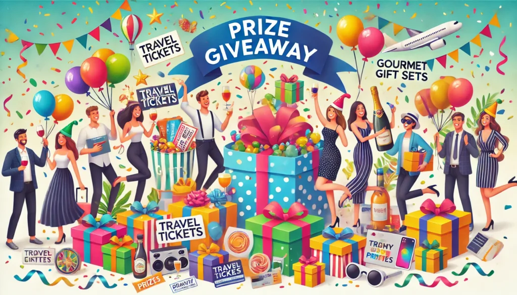 A lively, playful illustration of a prize giveaway at a festive party. The scene includes happy attendees surrounded by colorful gift boxes, balloons, confetti, and various prizes such as travel tickets, gourmet gift sets, and trendy electronics. The atmosphere is bright and cheerful, capturing the excitement and joy of a celebration.