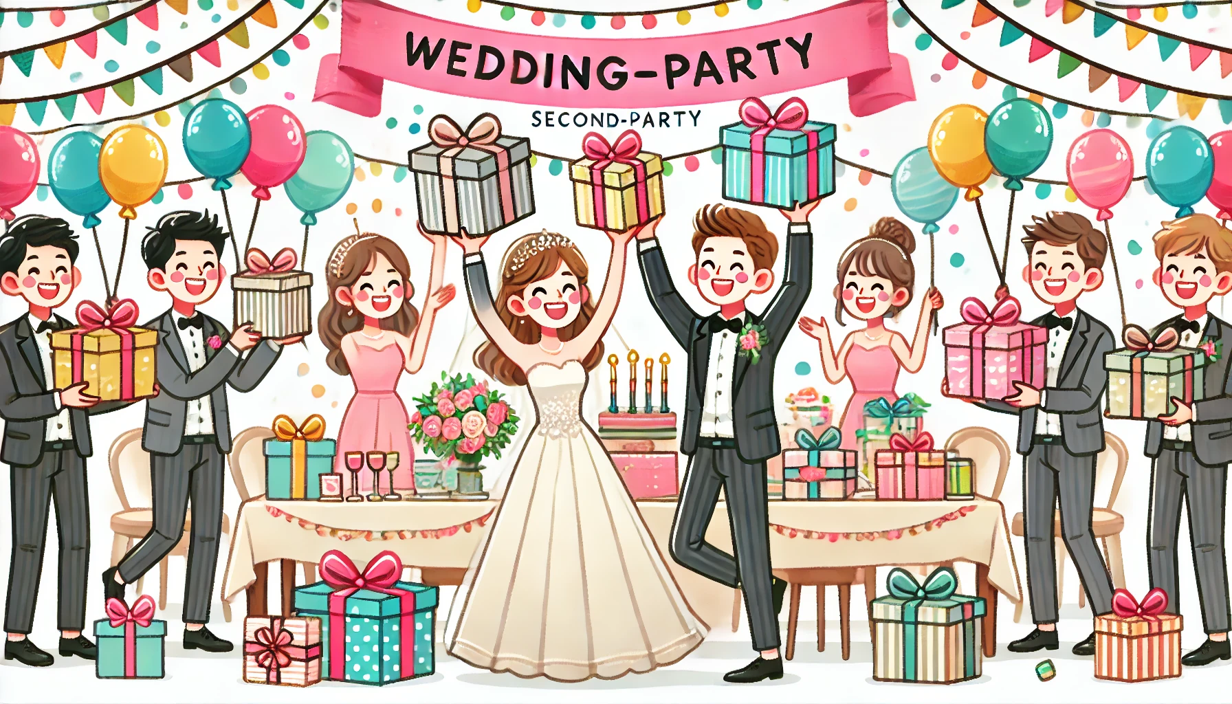 A cheerful wedding second-party celebration featuring people joyfully holding gift boxes. The setting includes a decorated table with elegant gift wrap, colorful balloons, and a festive background. The illustration is in a lighthearted, simple, and colorful style resembling traditional clip-art, ensuring a whimsical and inviting aesthetic. The scene captures the fun and excitement of a wedding event with a focus on gift-giving.