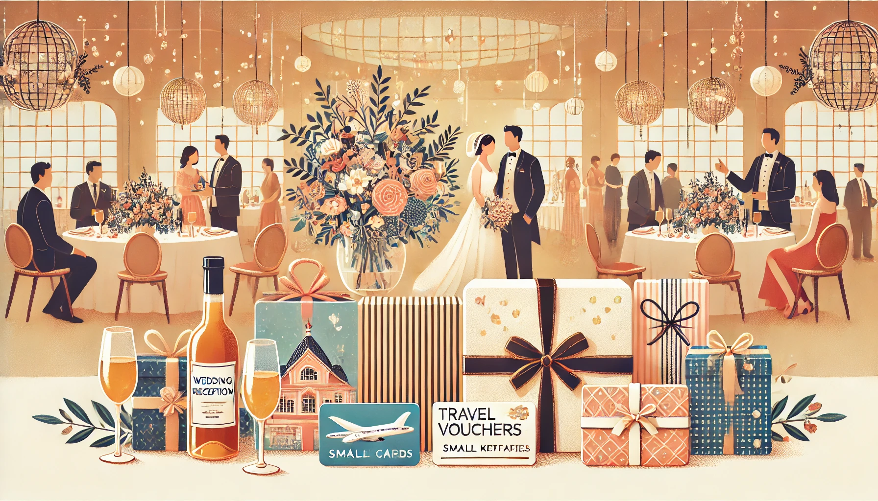 An illustration for a blog about wedding reception gifts, featuring a stylish and elegant scene. A beautifully arranged table holds gift items like travel vouchers, small kitchen appliances, and gift cards, all wrapped attractively in festive packaging. The background shows a cheerful wedding reception with guests interacting in a warmly lit venue. The style is simple, clean, and colorful, resembling Japanese design aesthetics. Image dimensions: 1792x1024 pixels.