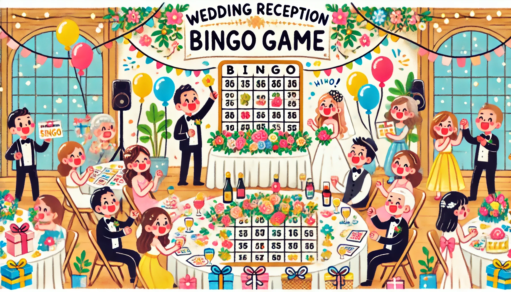 A cheerful wedding reception bingo game scene in a playful, simplistic Japanese cartoon style. The illustration features guests excitedly engaging in the game with a festive atmosphere. Decorations like balloons, streamers, and wrapped gifts fill the scene. A fun and vibrant setting designed to capture the joy of the event.